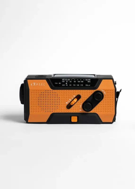 Kapsel sveiveradio med solcellepanel, sveiv og lommelykt